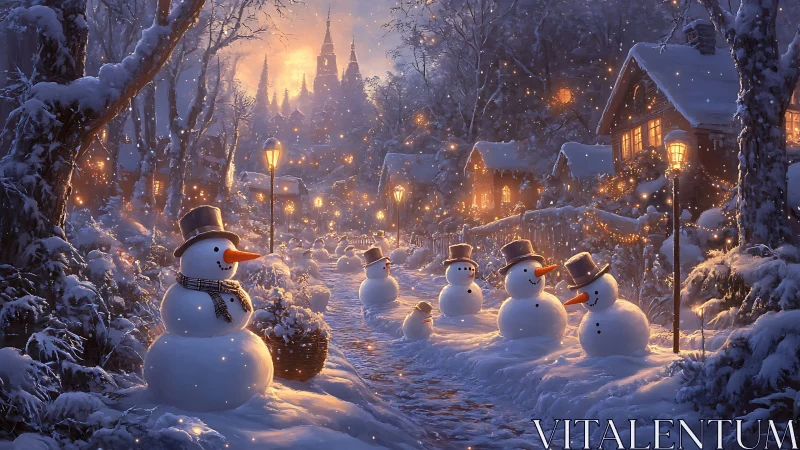 Snowmen line a snowy village path under warm lamplight