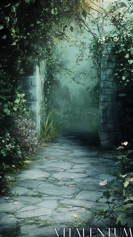 Overgrown stone pathway receding through misted garden archway
