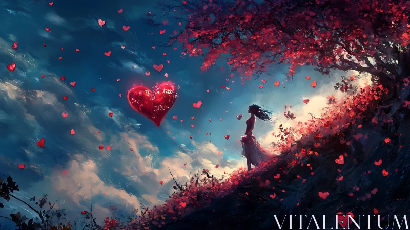 Woman with Floating Heart in Pink Flower Sky.