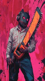 Edgy masked chainsaw figure in a bold neon pink swirl.