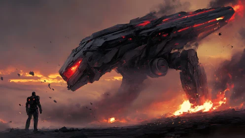 Nightfall showdown sets a lone soldier against burning war mech