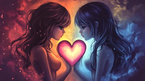 Twin Souls Connected: Luminous Heart Portal Between Fire and Ice Figures.