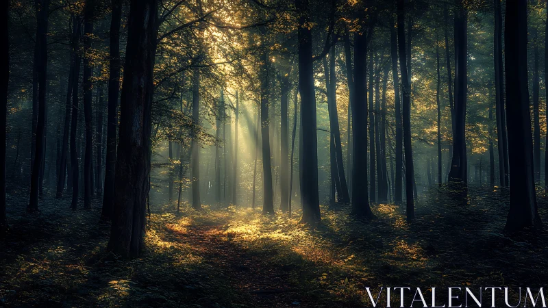 Sunlit Forest Path Through Dense Woods