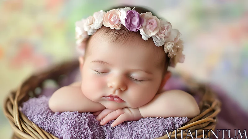Sleeping Infant in Woven Basket with Floral Crown
