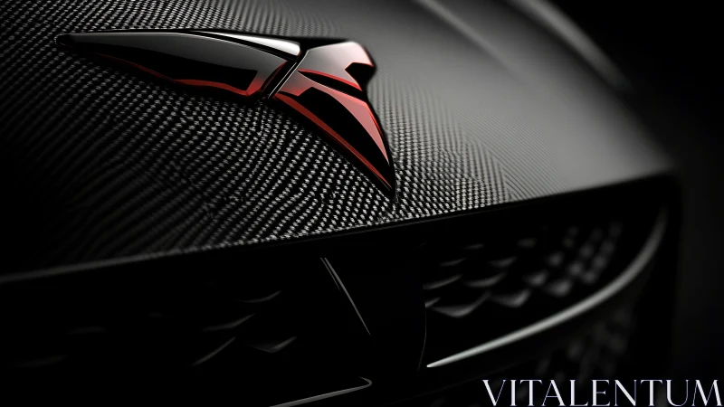Sleek red emblem resting on dark woven carbon fiber hood.
