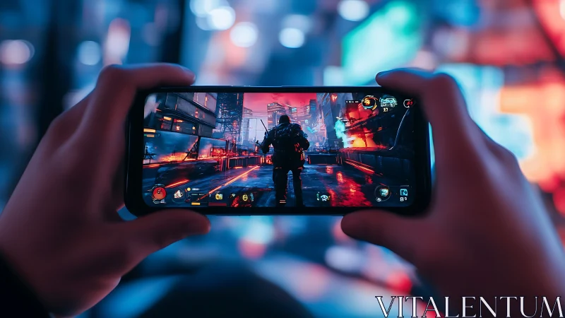 Mobile gamer explores neon cyber city under vivid lights.