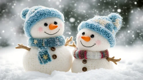 Knit-textured snowmen with carrot noses in shallow-depth snowy field