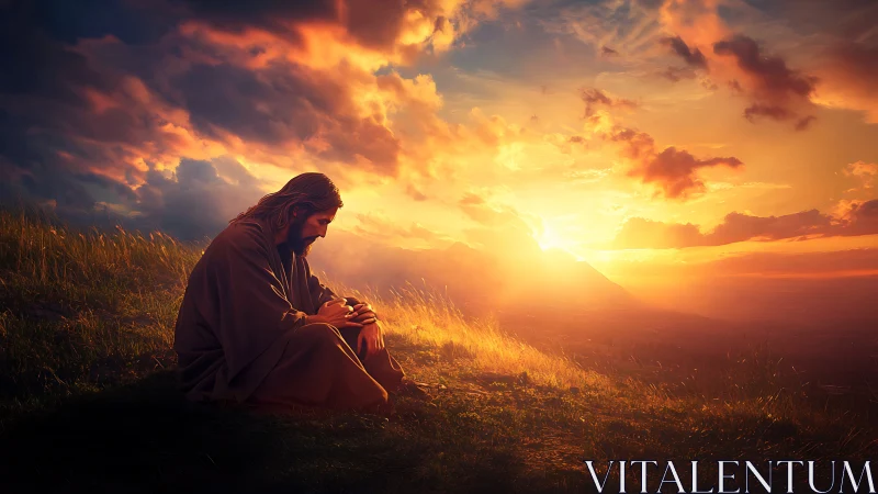 Quiet hillside prayer bathed in golden sunset light.