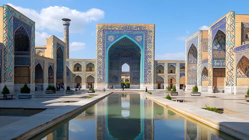Islamic courtyard with tiled iwans and central reflection pool.
