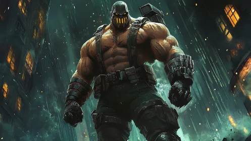 Armored cyber-brute dominates rain-soaked dystopian alley.