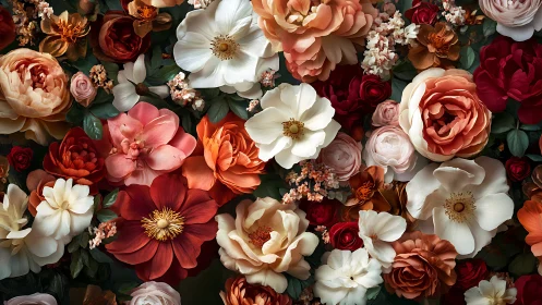 Dense floral arrangement displaying layered blooms in coordinated warm and cool tones.