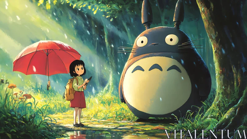 Rainlit forest meeting with a round, wide-eyed woodland guardian.