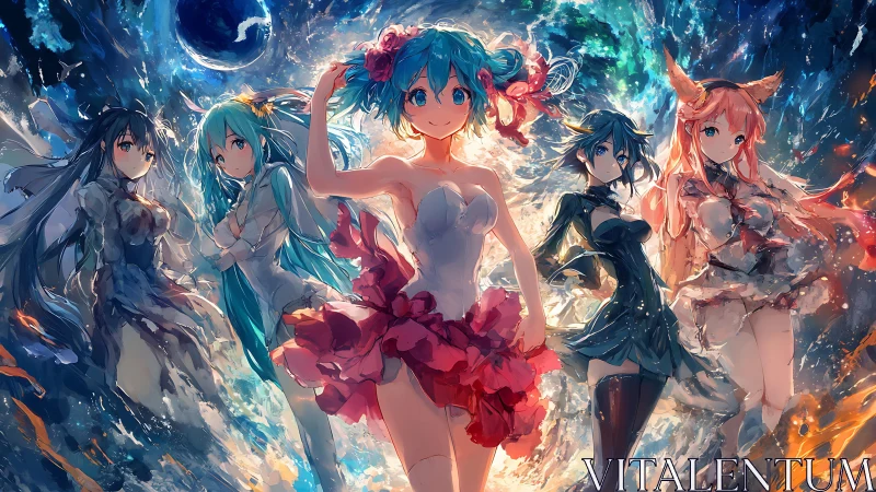 Anime elemental heroines in luminous cosmic ensemble composition.