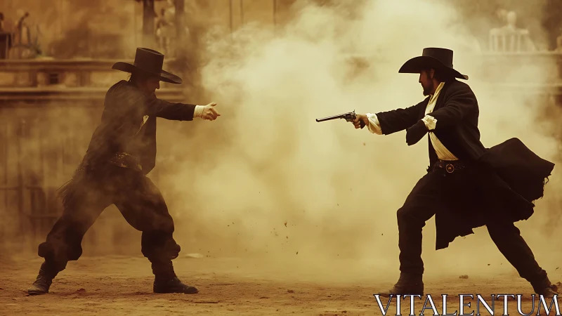 Western gunslingers in a dusty street duel standoff scene.