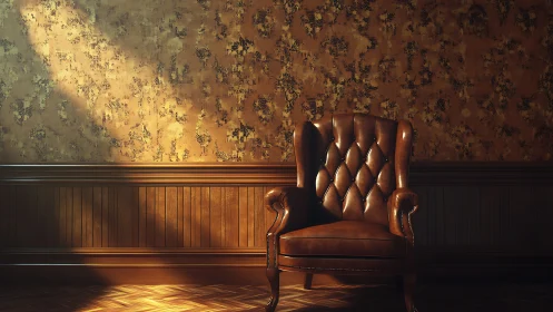 Photorealistic leather wingback chair in moody side lighting.