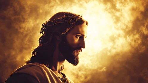 Profile view of robed male figure before luminous clouds