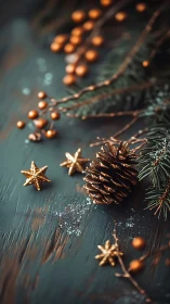 Pine cone and evergreen branches with metallic star accents.