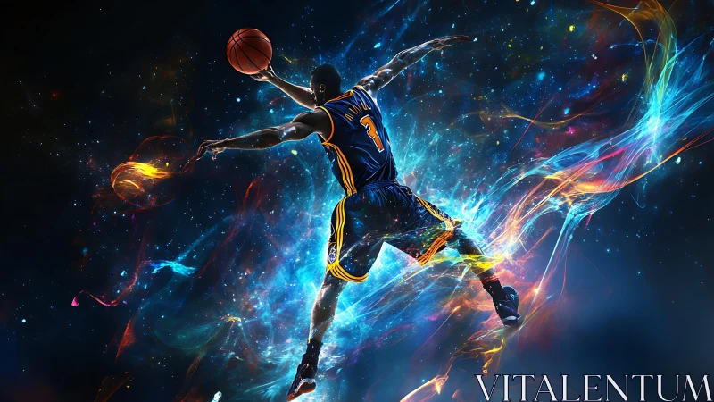 Digital illustration of basketball player in cosmic motion.