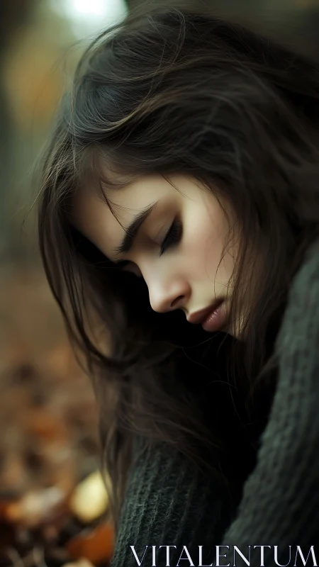 Soft autumn silence wraps a thoughtful young woman gently