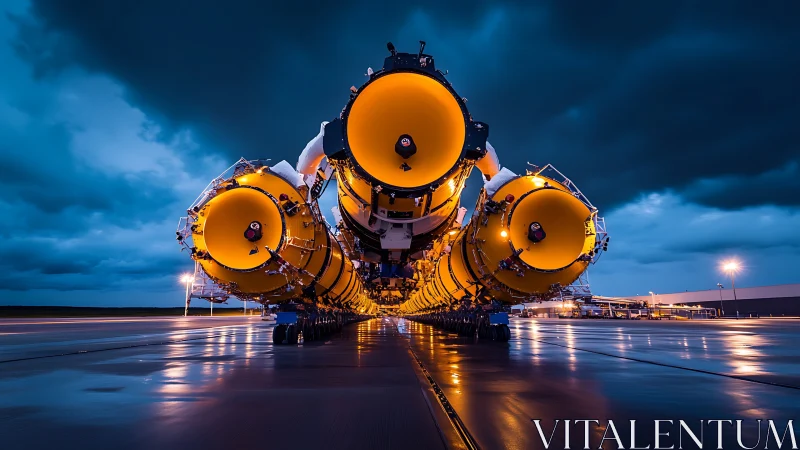 Stormlit rocket engines brood over a mirror-slick launchway