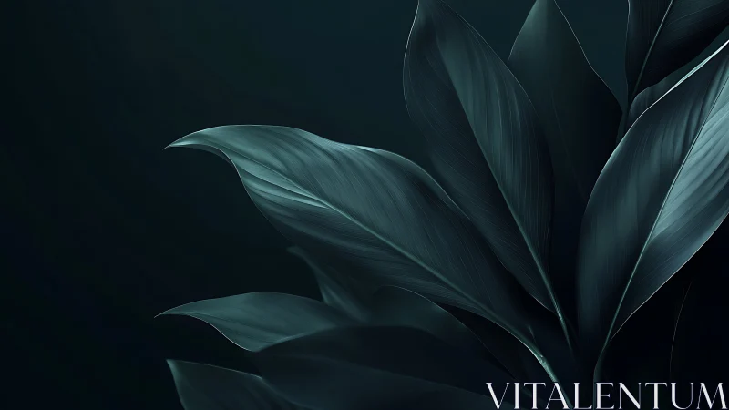 Moody teal foliage curling gently in quiet shadowed light.