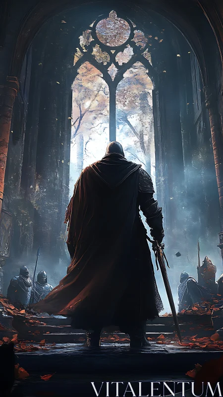 Armored figure before tall arched window in ruined hall.