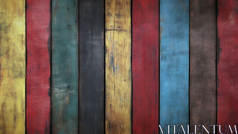 Weathered vertical planks in bold rustic color stripes.