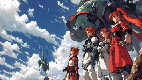 Anime mech squad overlooking distant sci fi fortress.