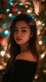 Young woman near illuminated tree with soft bokeh lights.