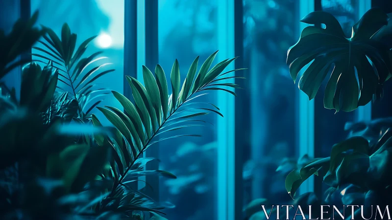 Cool-toned tropical foliage silhouettes against glazed window