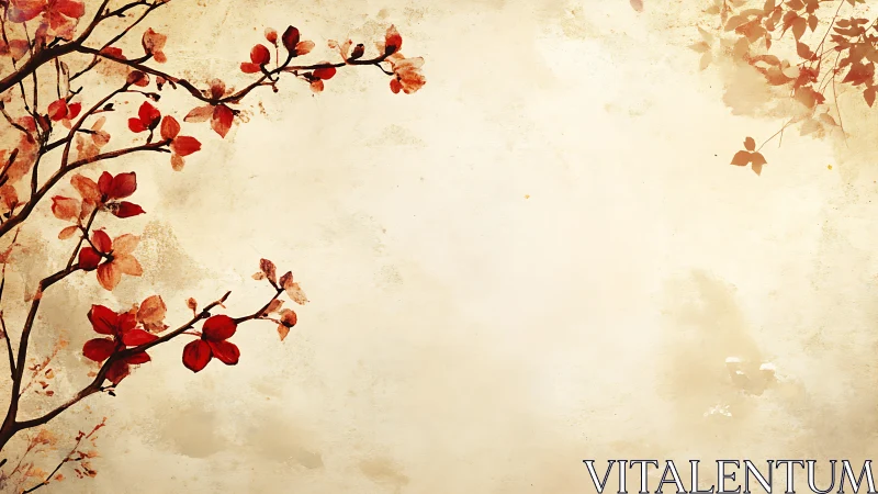 Red blossoms drift across a calm textured parchment sky