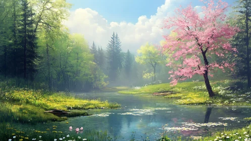 Spring woodland pond with flowering tree and soft mist.