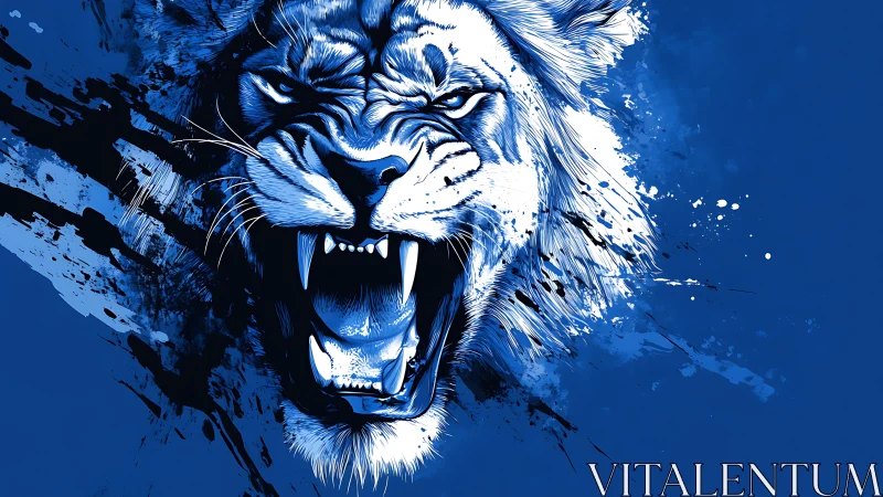 Electric midnight lion roar splashed in wild cobalt ink.
