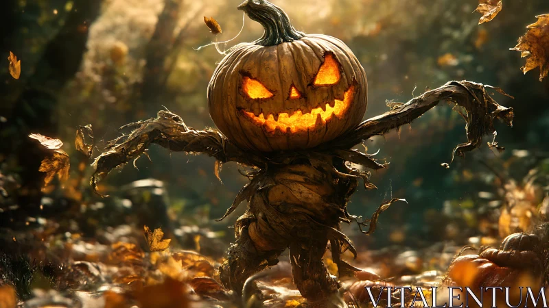 Grinning jack o lantern creature in glowing autumn forest.