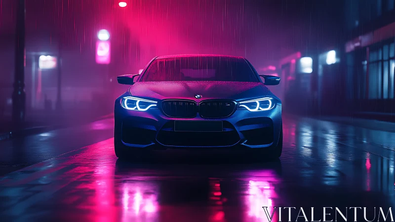 Neon-lit sports car glows on a rainy cyberpunk city street.