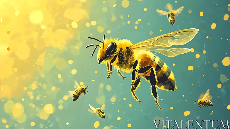 Sunlit worker bee drifts through a floating galaxy of pollen