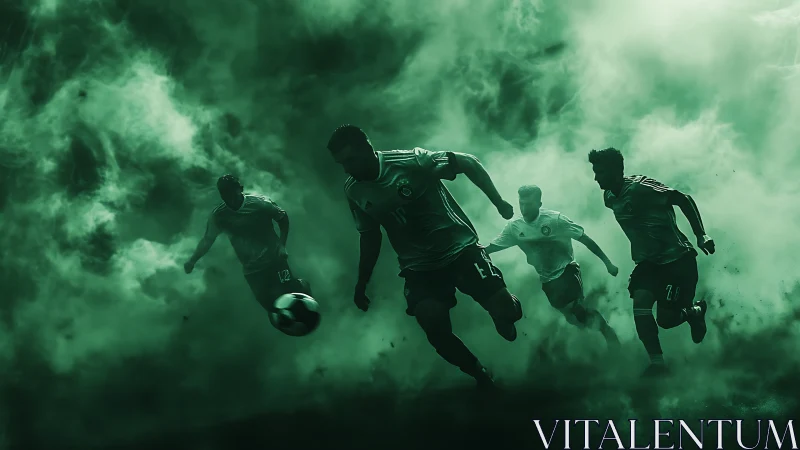 Soccer players move through dense green-tinted atmospheric haze