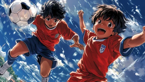 Dynamic youth soccer duo captured in energetic anime action.