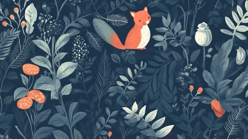 Playful orange fox nestled in stylized midnight foliage.