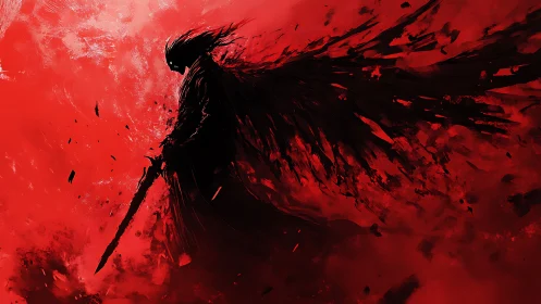 Silhouetted warrior stands in red field with fragmented cloak
