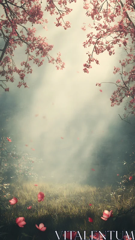 Backlit cherry blossoms frame misty meadow with drifting petals