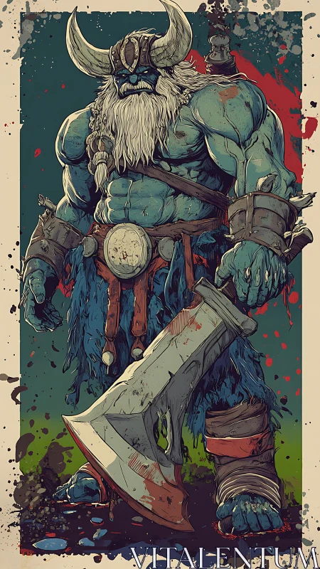 Blue-skinned horned warrior stands holding oversized axe