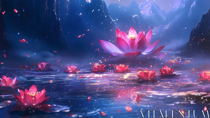 Luminous lotus blooms glow over twilight crystal lake.