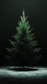 Solitary evergreen tree under cold spotlight on snow field.