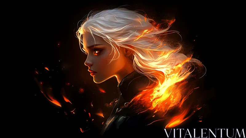 White haired woman in profile with flowing fire hair flame.