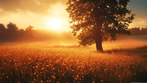 Golden meadow sunrise ignites misty horizon and tree glow.