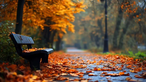 Empty park bench beside leaf-covered autumn pathway.