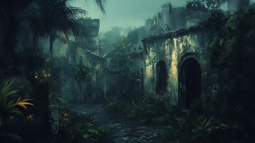 Rain-soaked abandoned courtyard reveals overgrown colonial ruins
