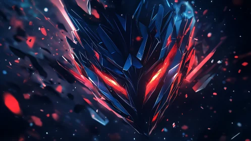 Crystal cyber demon mask with fiery red eyes in void.