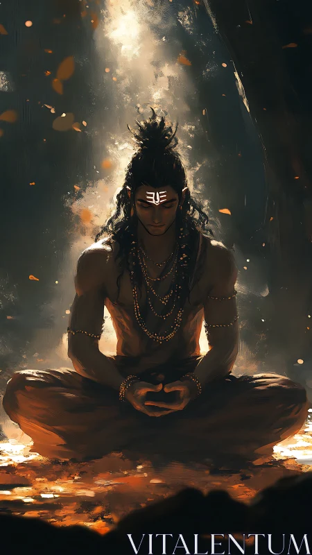 Seated figure in meditative posture under focused vertical light